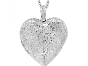 Locket Pendant Necklace Charm 1.5″ Engraved Flowers Heart Shape